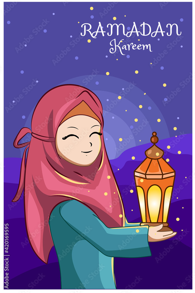 Beautiful girl with lantern at night ramadan kareem cartoon illustration  Stock Vector | Adobe Stock