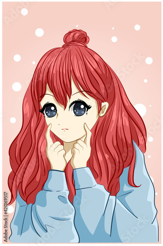 Beautiful and cute girl long red hair with jacket cartoon illustration