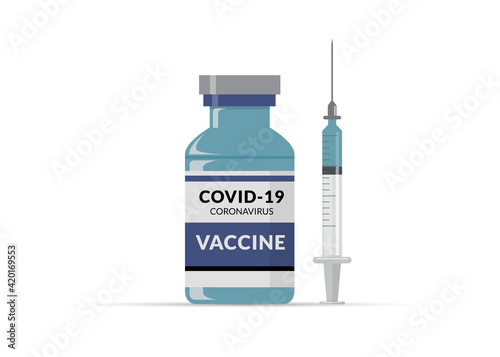 Covid-19 coronavirus vaccine. Syringe and vaccine vial flat icons. Covid-19 corona virus vaccination with vaccine bottle and syringe injection tool.
