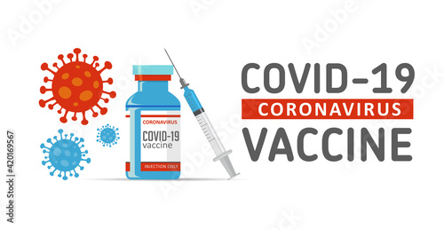 Covid-19 coronavirus vaccine. Syringe and vaccine vial flat icons. Covid-19 corona virus vaccination with vaccine bottle and syringe injection tool.
