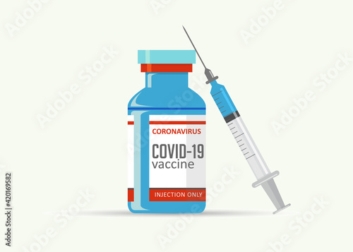 Covid-19 coronavirus vaccine. Syringe and vaccine vial flat icons. Covid-19 corona virus vaccination with vaccine bottle and syringe injection tool.
