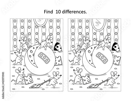 Mice and cheese find the differences picture puzzle and coloring page
