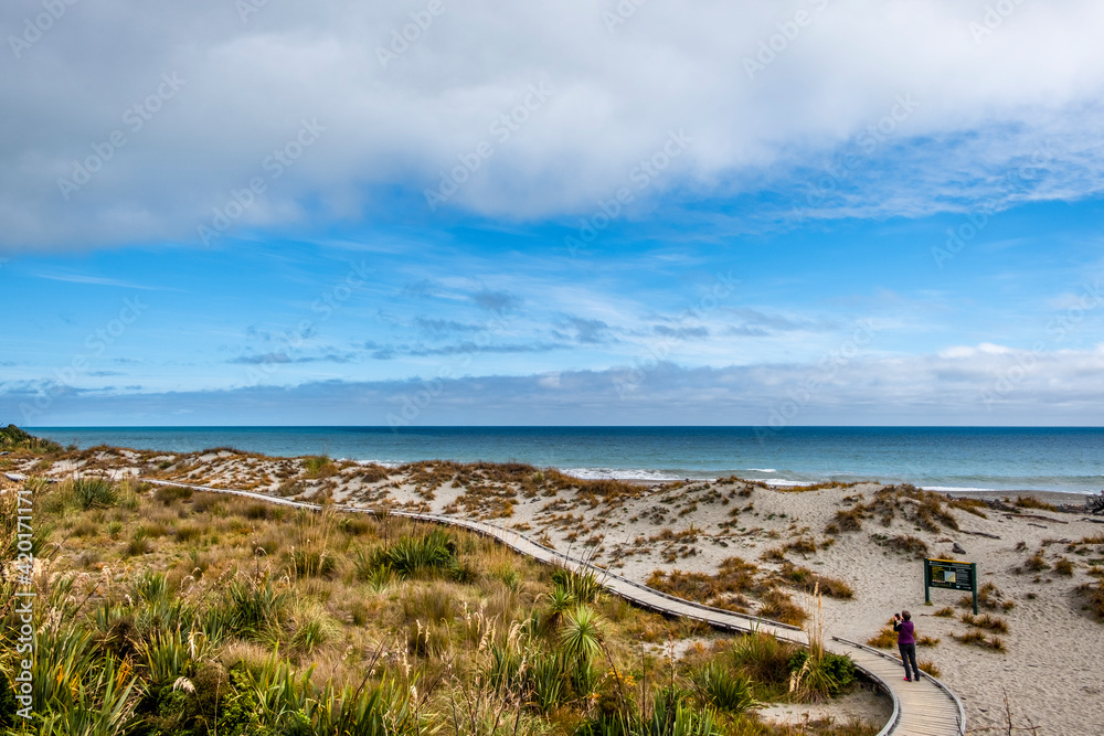 Hiking trail on the beach. South Island, New Zealand.