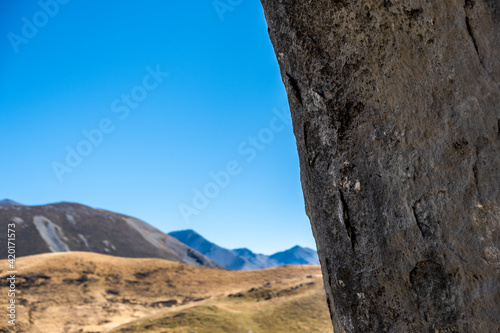 Rock formation in the middle of alpine grassland. South Island, New Zealand. © Dmitri