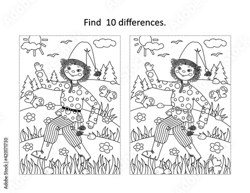 Find 10 differences visual puzzle and coloring page with Petrushka folklore rag doll walking outdoor
