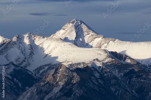 Snowy Mount Aylmer, Highest Mountain Peak in Banff Proximity.  Late Winter Landscape in Canadian Rockies