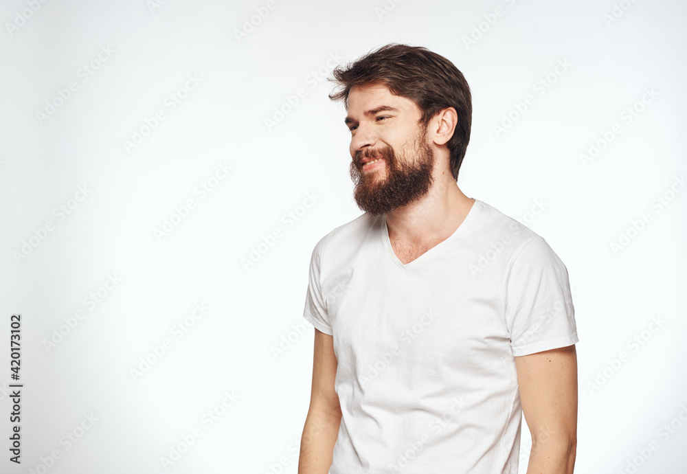 energetic man with beard on white background gesturing with hands cropped view energetic man with beard on white background gesturing with hands cropped view