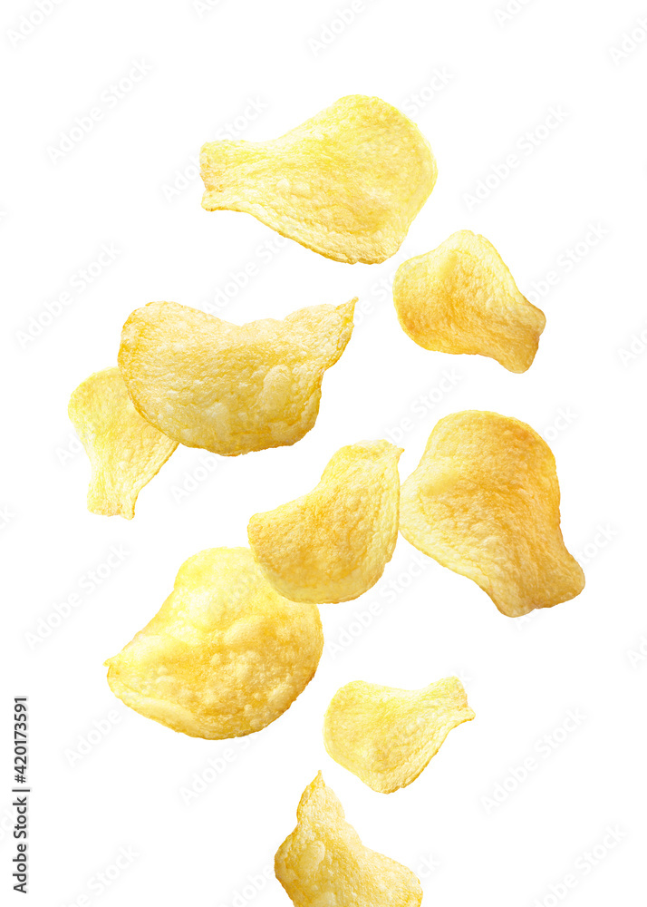 potato chips, fried appetized chips flying on air potato chips, fried appetized chips flying on air