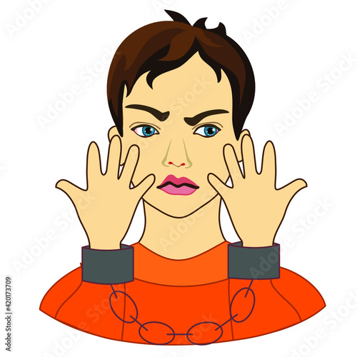 Handcuffed man that is showing his hands, arrested female criminal suspect about to go to jail, ashamed guy under custody in handcuffs, simple colored emoticon, primitive vector art