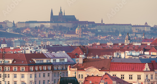 panoramic view of the city of Prague and the sights of Prague Castle and the Church of St. Vitus at sunset, 2021