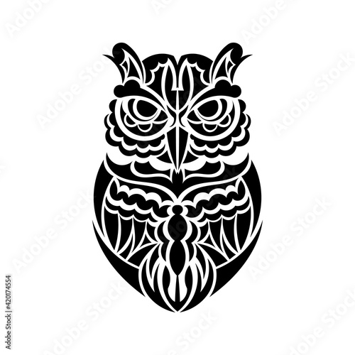 Owl black and white mandala with abstract ethnic aztec ornament pattern. Owl tattoo.