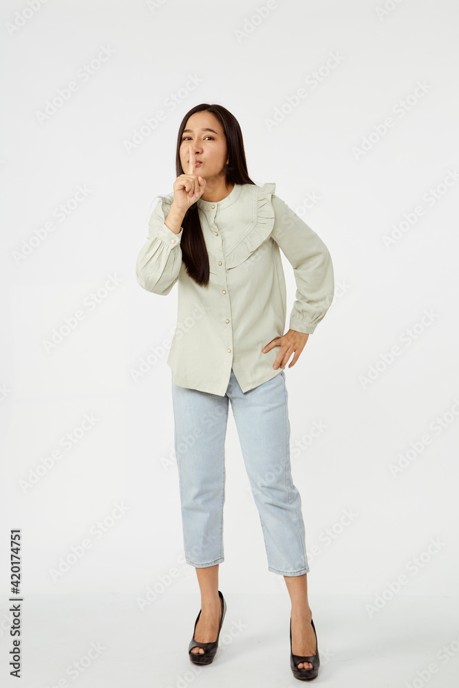 Fashion model wearing jeans shirt with emotions Fashion model wearing jeans shirt with emotions