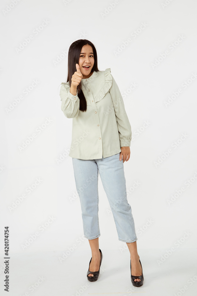 Fashion model wearing jeans shirt with emotions Fashion model wearing jeans shirt with emotions