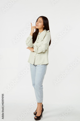 Fashion model wearing jeans shirt with emotions