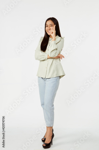 Fashion model wearing jeans shirt with emotions