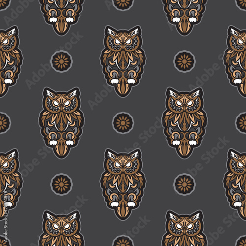 Owls seamless pattern in boho style. Good for backgrounds and prints. Vector