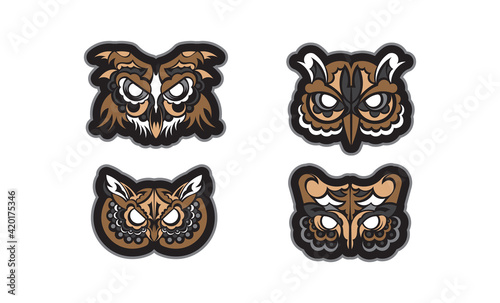 Set of owl face in boho style. Good for clothing and textiles. Vector