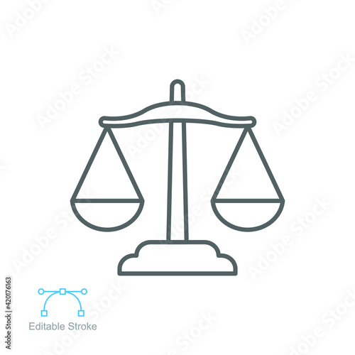 Balance lawyer icon. Law firm logo scale. Equilibrium Scale Balance, Justice symbol for web site or mobile app. outline style. editable stroke. vector illustration. design on white background EPS 10