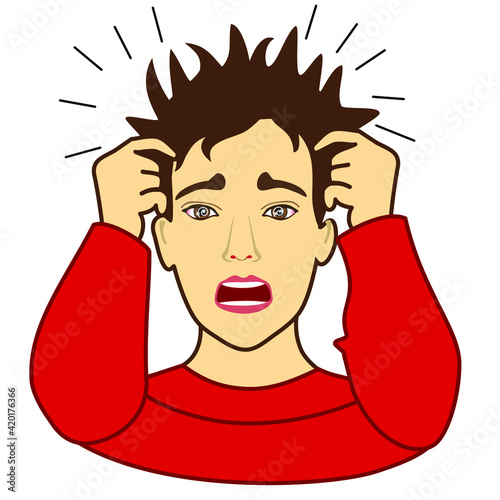 emoji with frustrated crazy man pulls his hair out with wild eyes and opened mouth, simple colored emoticon, simplistic colorful emoticon, primitive vector art