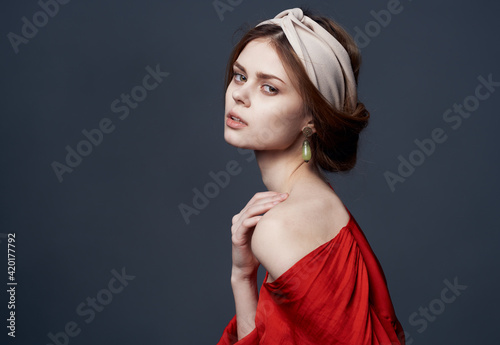 Elegant woman red dress luxury glamor decoration attractive look