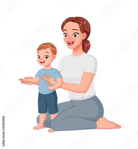 Mother helping her child to take first steps. Cartoon vector illustration.