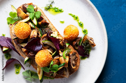 Photography Mushroom bruschetta served in a cafe in Sydney Australia