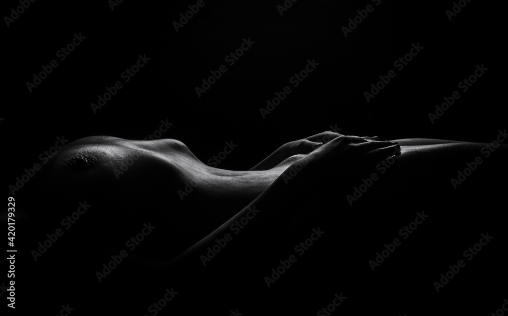 Naked Woman Sexy Silhouette, Sensual Girl Pose, Nude Body Dark Black and White