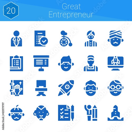 great entrepreneur icon set. 20 filled icons on theme great entrepreneur. collection of Project, Task, Oath, Tasks, Clerk, Director, Man, Businessman, Startup, Unicycle