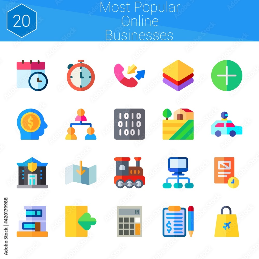 most popular online businesses icon set. 20 flat icons on theme most popular online businesses. collection of calendar, add, calculator, shop, railroad, hierarchical structure, document
