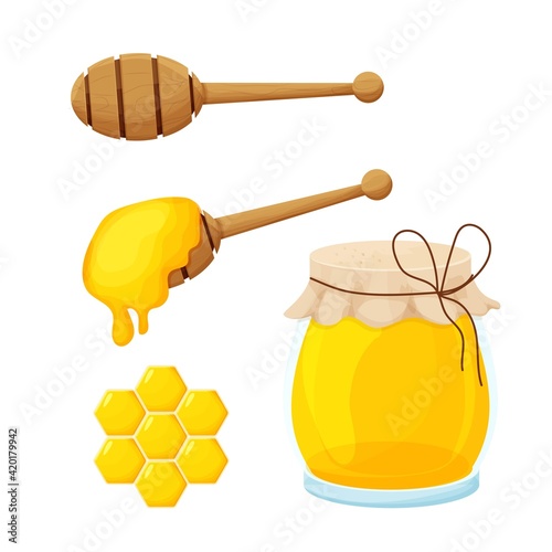 Set of honey dipper wooden spoon and glass jar. Apiculture, sweet nutrition dessert, farming. Elements in cartoon style isolated on white background. 