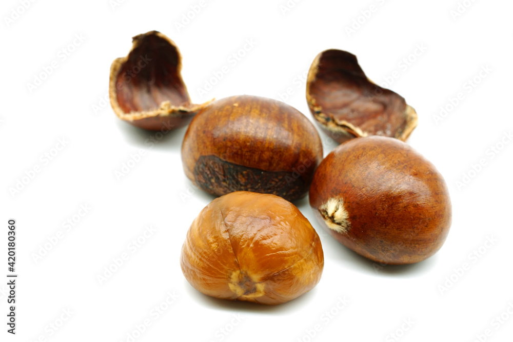Close-up Chestnuts with peeled isolated on white background. Close-up Chestnuts with peeled isolated on white background.