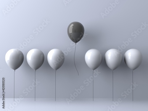 3d stand out from the crowd and different concept   One black balloon flying away from other white balloons on white wall background.3d illustration.