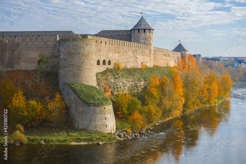 Ancient Ivangorod fortress is golden autumn. Leningrad region, Russia