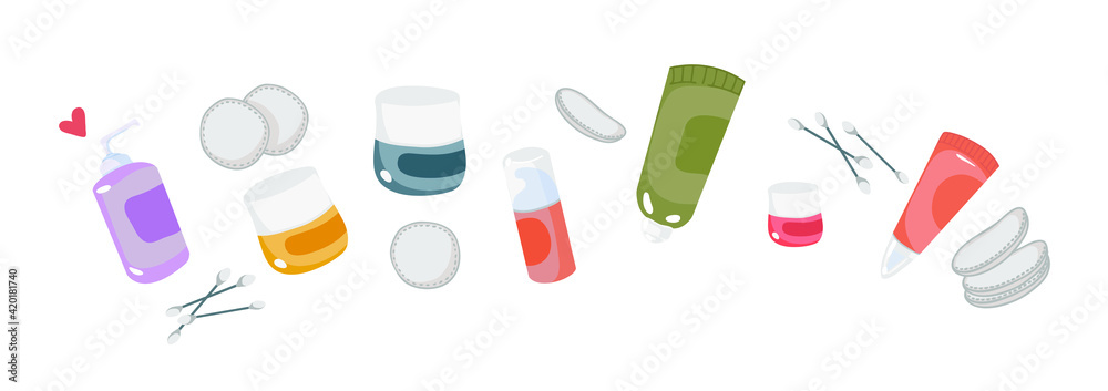 Set of home spa. Cotton pads. Cotton swabs. Cosmetic jars. Hygiene, cosmetology. Vector illustration on a white background. Set of home spa. Cotton pads. Cotton swabs. Cosmetic jars. Hygiene, cosmetology. Vector illustration on a white background.
