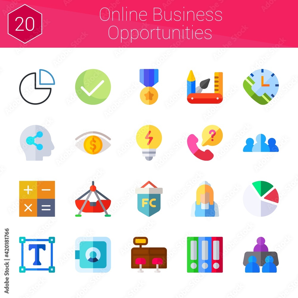 online business opportunities icon set. 20 flat icons on theme online business opportunities. collection of calculator, flag, social, cash register, bulb, safe box, pie chart online business opportunities icon set. 20 flat icons on theme online business opportunities. collection of calculator, flag, social, cash register, bulb, safe box, pie chart