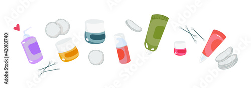 Set of home spa. Cotton pads. Cotton swabs. Cosmetic jars. Hygiene, cosmetology. Vector illustration on a white background.