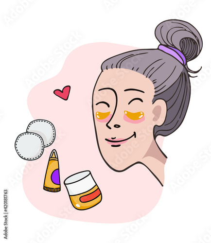 Cosmetic hydrogel patches. Cotton pads. Cosmetic jars. Hygiene, cosmetology, home spa. Vector illustration on a white background.