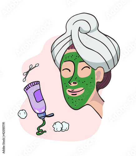 Cotton pads. Cotton swabs. Cosmetic jars. Hydrogel Mask. Hygiene, cosmetology, home spa. Vector illustration on a white background.