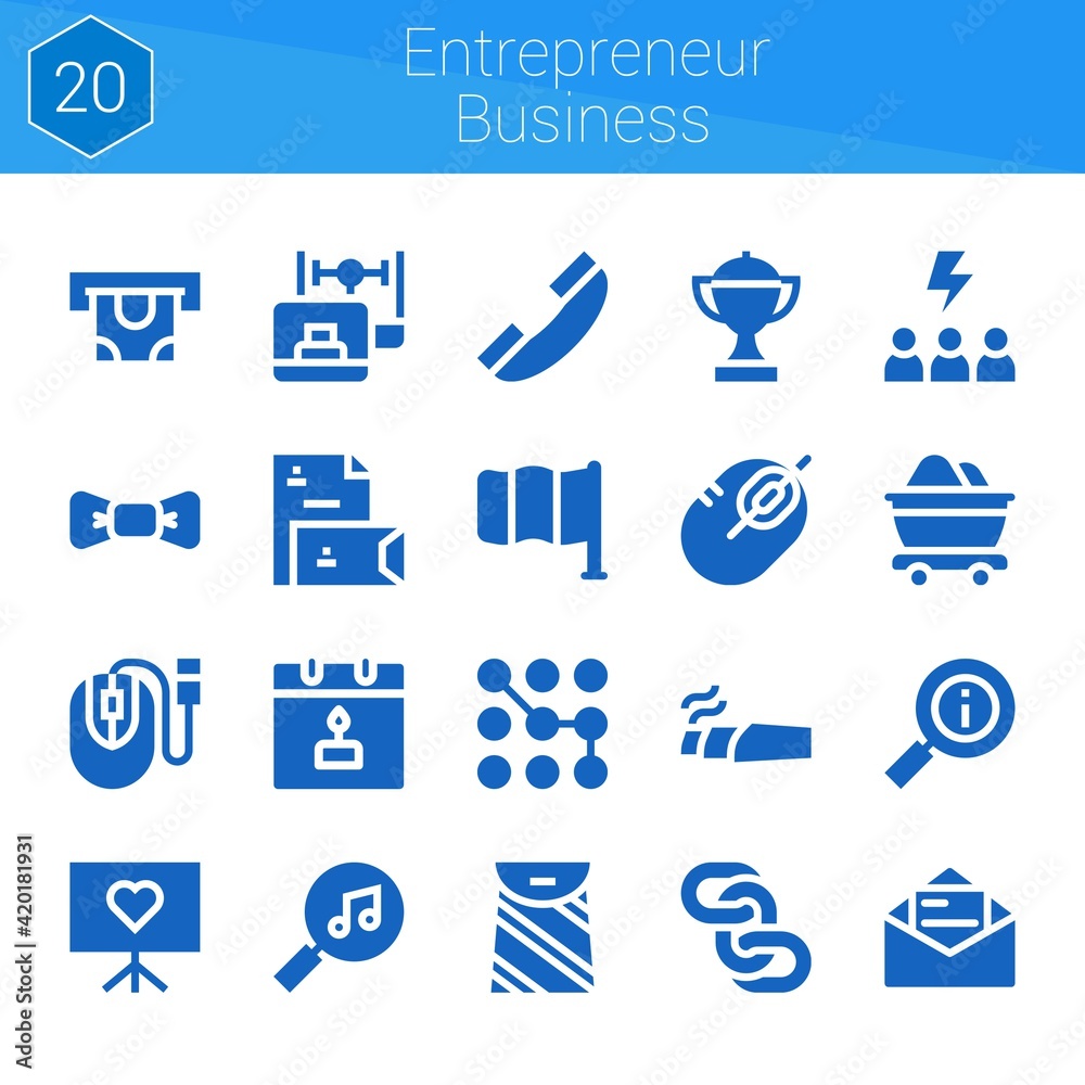 entrepreneur business icon set. 20 filled icons on theme entrepreneur business. collection of Pattern, Laptop, Trophy, Telephone, Calendar, Bag, Chains, Stationery, Information entrepreneur business icon set. 20 filled icons on theme entrepreneur business. collection of Pattern, Laptop, Trophy, Telephone, Calendar, Bag, Chains, Stationery, Information