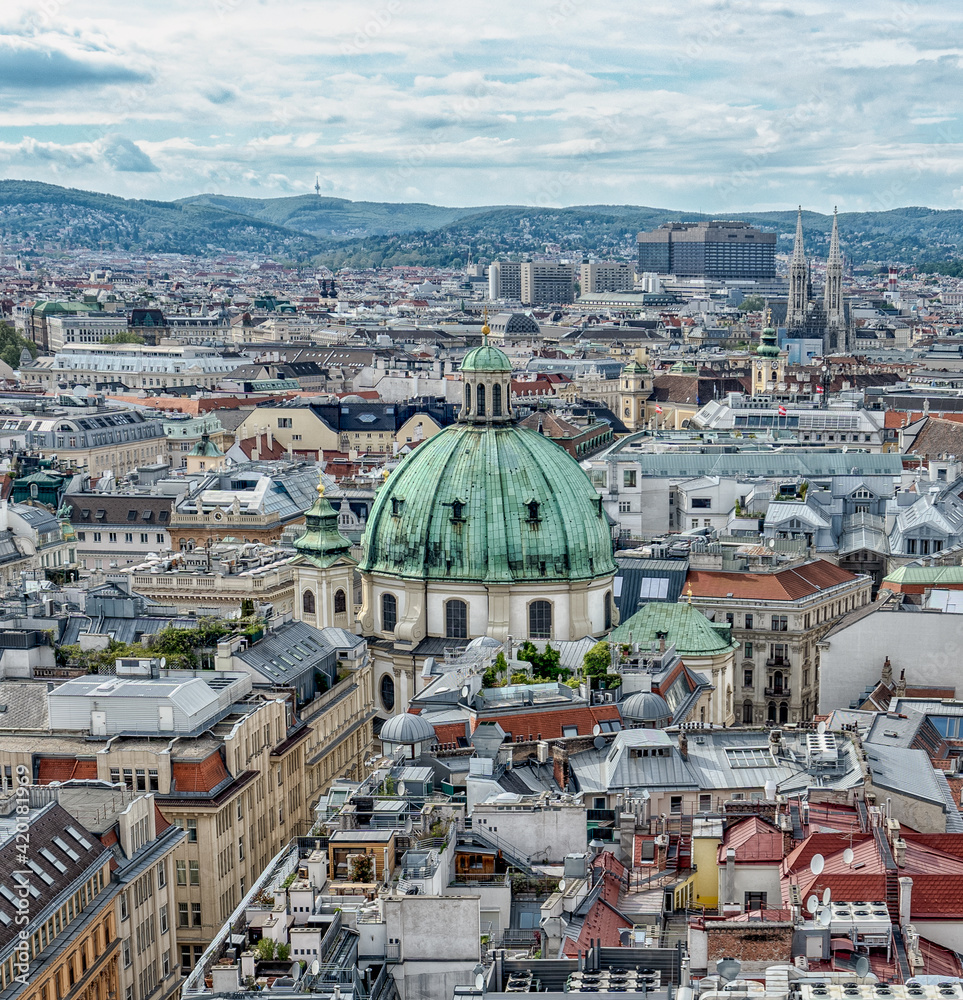 View of Peterskirche from the top of Stephansdom in the historic old town of Vienna, Austria
