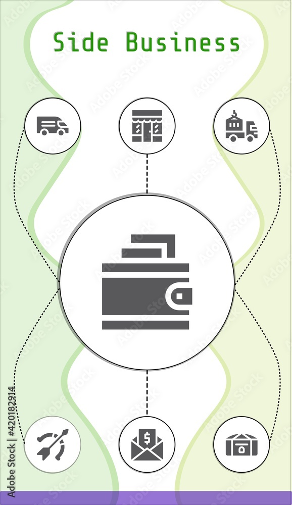 side business editable infographic template with icons of Grocery, Money, Chest, Van, Wallet, Archery, Delivery truck side business editable infographic template with icons of Grocery, Money, Chest, Van, Wallet, Archery, Delivery truck