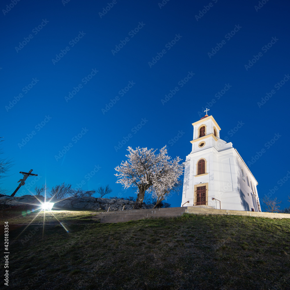 Small chapel with almond tree