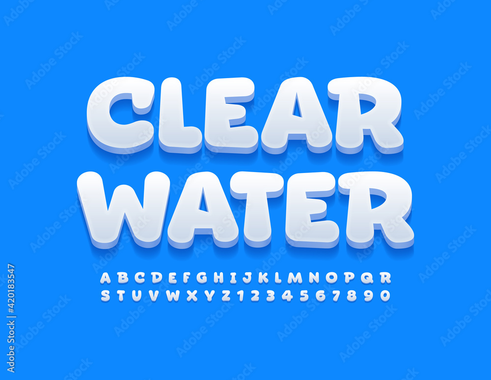 Vector modern template Clear Water. Creative white Font. Funny Alphabet Letters and Numbers set Vector modern template Clear Water. Creative white Font. Funny Alphabet Letters and Numbers set