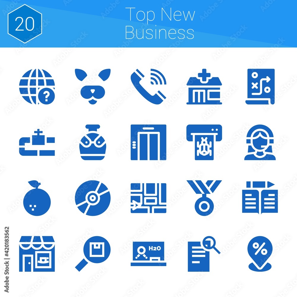 top new business icon set. 20 filled icons on theme top new business. collection of Canteen, Placeholder, Telephone, Customer support, Pipe, Earth globe, Orange, Compact disc