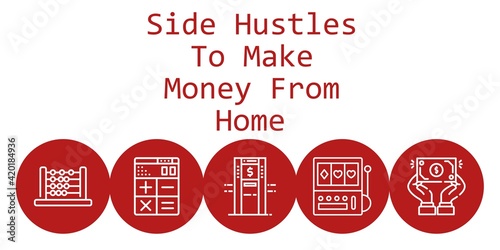 side hustles to make money from home background concept with side hustles to make money from home icons. Icons related calculator, abacus, atm, slot machine, dollar