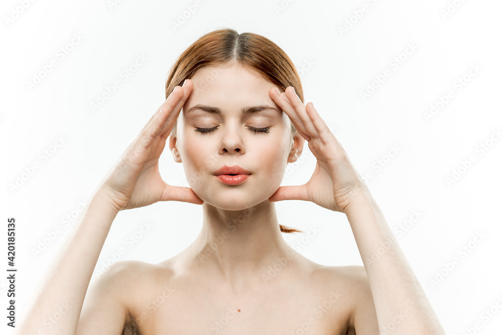 emotional woman holding hands on face naked shoulders charm emotional woman holding hands on face naked shoulders charm