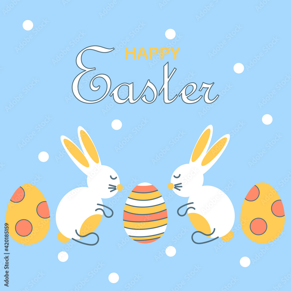 Happy Easter greeting card with cute bunnies and decorated Easter eggs. Happy Easter greeting card with cute bunnies and decorated Easter eggs.