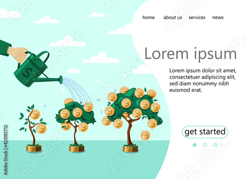 The home page of a website with an increase in cash income. Business. Deposit. Vector illustration of money trees.