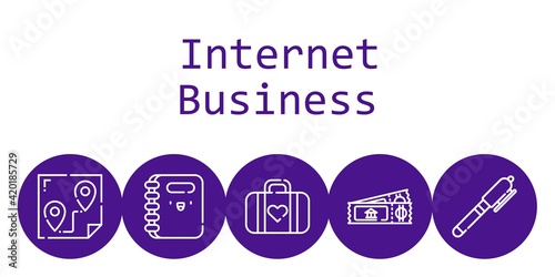 internet business background concept with internet business icons. Icons related route, ticket, luggage, pen, notebook