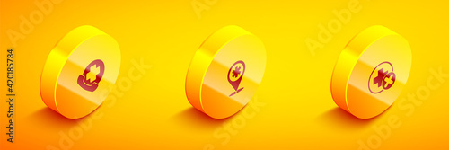 Set Isometric Emergency phone call to hospital, Map pointer with cross and Cross medical icon. Vector